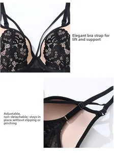Detail of black floral lace bra with adjustable straps and push-up lifting design