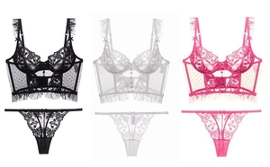 Detailed embroidery on French lace bustier sets in black, white, and rose pink