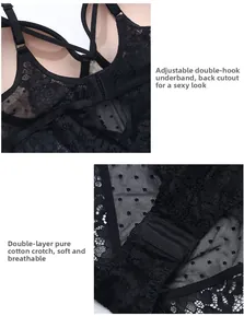 Detail of adjustable back closure and double-layer cotton crotch of black lace bodysuit