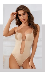 Detailed view of beige seamless deep U-neck bodysuit with adjustable straps for low-cut tops