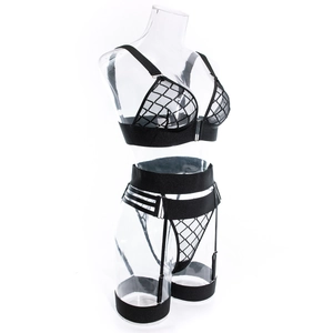 Detail of black mesh lingerie set with geometric diamond patterns and garter straps