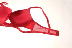 Detail of red push-up bra featuring rhinestone straps and mesh side wings with hook closure