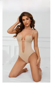Detailed view of the nude deep V neck shapewear bodysuit with adjustable thin straps