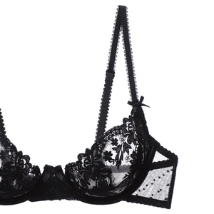 Dettaglio macro delle coppe in pizzo floreale nero trasparente con fiocchi decorativi