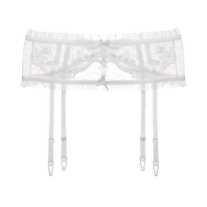 Elegante reggicalze in pizzo bianco con ricami floreali e fiocchi di raso per calze