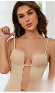 Detail of nude bodysuit with U-shape plunging neckline and thin adjustable straps