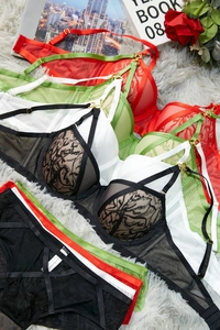 Close-up of delicate floral lace embroidery and sheer mesh on multi-color bra sets
