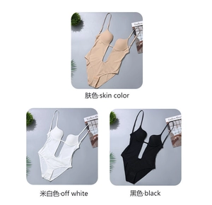 Sultry deep V-neck low back bodysuits in skin color, off white, and black tones
