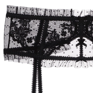 Reggicalze sexy in pizzo nero con ricamo floreale e dettagli di fiocchi in raso