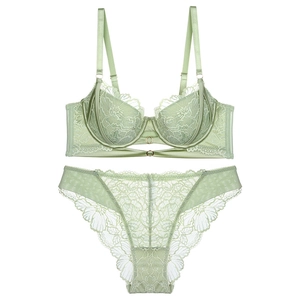 Pale green floral lace lingerie set with underwire bra and matching panties on white background