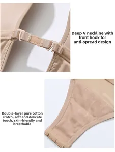 Detail of skin-colored bodysuit featuring deep V-neck, front buckle and cotton crotch
