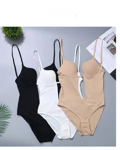 Flat lay of deep V neck backless bodysuits in black, white, and beige colors