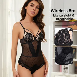 French lace bodysuit for women featuring black polka dot mesh and slim push-up design