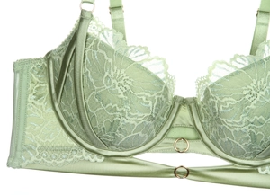 Detailed view of mint green floral lace and satin bra with gold metal ring hardware