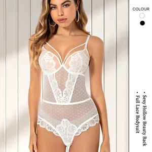 Elegant white lace bodysuit with sheer mesh panels and supportive underwire cups