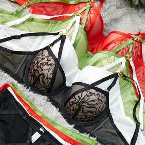 Push up lace lingerie set with embroidery and straps in black, white, green and red