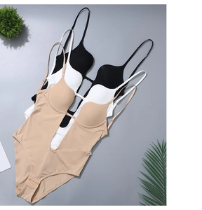 Deep U-neck backless shapewear bodysuit in black, white, and beige with adjustable straps