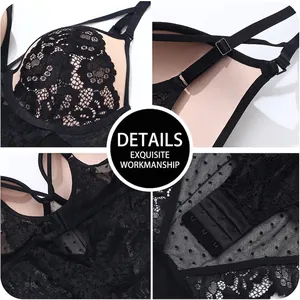 Lace bodysuit lingerie for women with floral embroidery and adjustable straps in black color