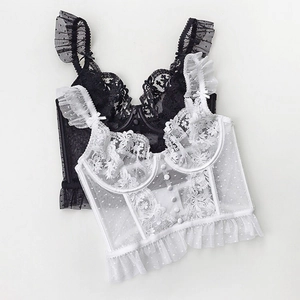French style ultra-thin lace bustier with boning and ruffle straps in black and white