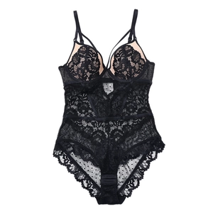 French style black floral lace bodysuit with multi-strap design and mesh details