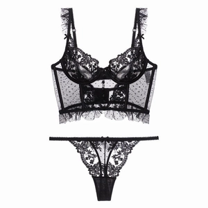 French black lace lingerie set with floral embroidery and mesh corset design
