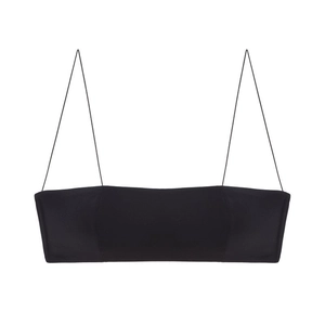 Detailed view of seamless black tube top bra with ultra-thin adjustable neck straps