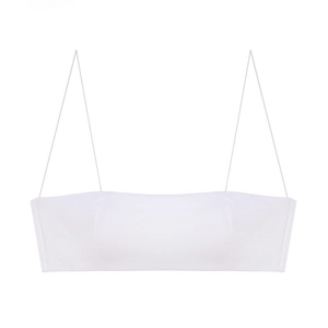 Minimalist white seamless brando bra with ultra-thin spaghetti straps and flat neckline