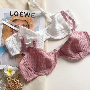 Lace unlined underwire bra set in white and dusty pink with thin silk straps