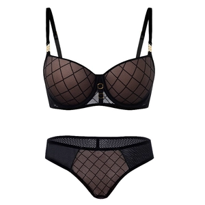Detail view of black mesh lingerie set with golden chain hardware and rhombus patterns