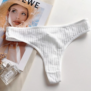 Detail of white waffle texture low waist thong with breathable cotton crotch