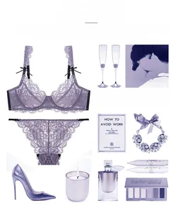 Detailed flat lay of purple lace lingerie set with silk bows and floral embroidery