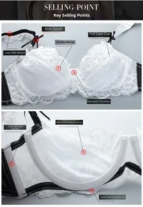 Detail of white lace bra featuring 3/4 ultra-thin mesh cups and flexible side boning