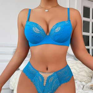 Sexy bright blue floral lace lingerie set with push-up bra and matching panties