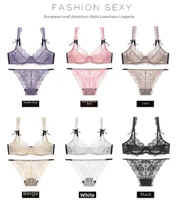 Lace bra set in six colors: Purple Grey, Watermelon Red, Coffee, Yellow, White and Black