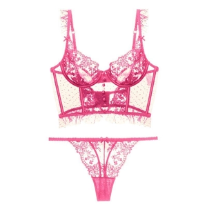 Pink French lace lingerie set with ultra-thin lace bra and matching thong panties