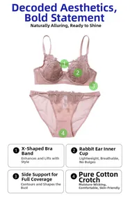 Pink lace lingerie set detail showing cotton crotch and side support lifting features
