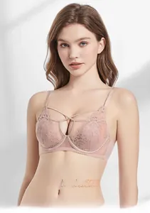 Details von hellrosa Spitzen-BH mit transparenten Cups und stützendem Riemchendesign
