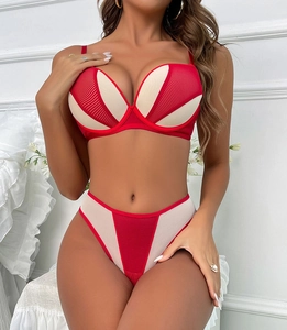 Dettaglio del reggiseno push-up bicolore con strisce rosse e inserto in mesh beige