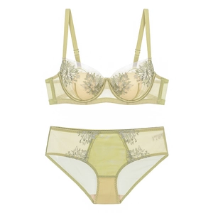 Détail de l'ensemble lingerie vert clair avec broderie de feuilles et mesh transparent
