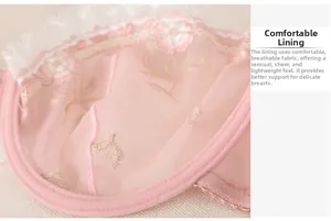 Detailed macro view of pink floral lace embroidery and breathable mesh on bra cups