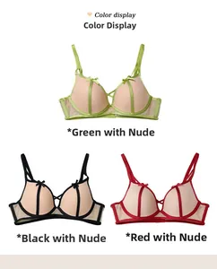 French lace bras in green, black and red featuring sexy cross straps and bow details