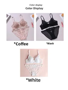 Three-color display of French floral lace lingerie sets in coffee black and white