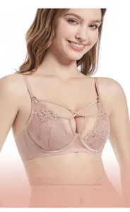 Nahaufnahme des rosa Spitzen-BHs im französischen Stil mit feiner Stickerei-Verzierung