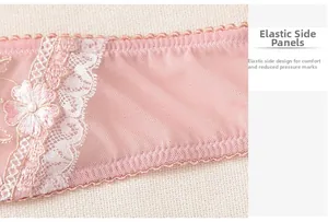 Detail of pink floral lace bra showing elastic side wings and central pearl accent