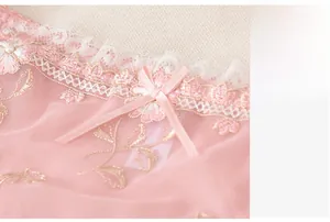 Detailed view of pink mesh underwear featuring floral embroidery and a satin bow with pearl