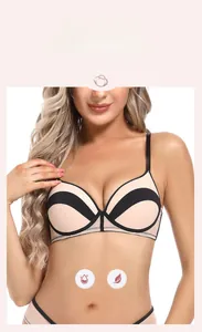 Detail view of contrast color push-up bra and breathable mesh panties set with high elasticity