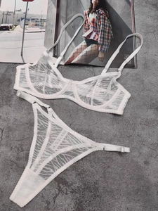 Detailed flat lay of white floral lace lingerie set with underwire bra and thong