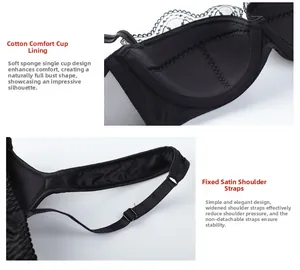 Détail de soutien-gorge en dentelle noire avec bonnets en coton et larges bretelles satin