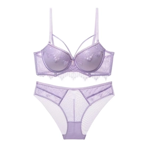 Detailed view of light purple lace lingerie set with strappy cross-chest design and mesh