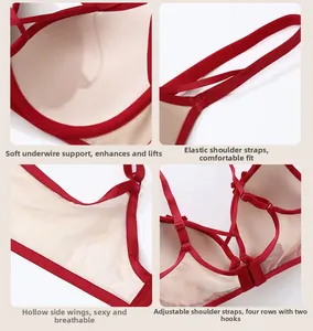Detail view of red lace bra featuring four-row hook-and-eye closure and adjustable straps